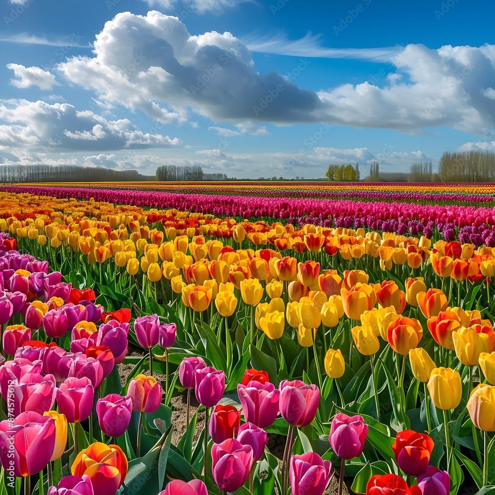Fototapeta premium Vibrant Tulip Field With Blossoming Flowers And Scenic Sky Background