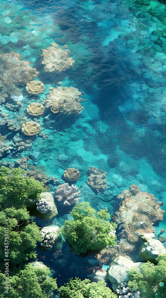 Fototapeta premium Aerial Perspective of Vibrant Tropical Coral Reef Ecosystem in Turquoise Ocean Waters