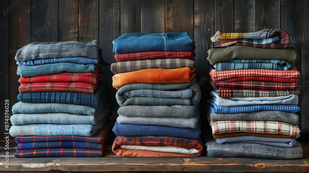 stack of folded shirts on a wooden shelf stack of folded shirts on a wooden shelf
