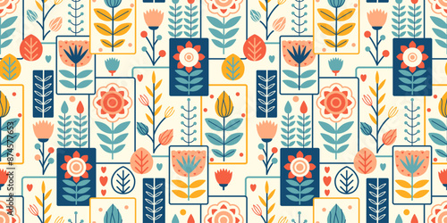 Modern seamless floral background. Stylized Nordic endless wallpaper. Minimalist folk flowers and plants. Patchwork print or fabric swatch. Scandi ornamental graphic. Retro aesthetic