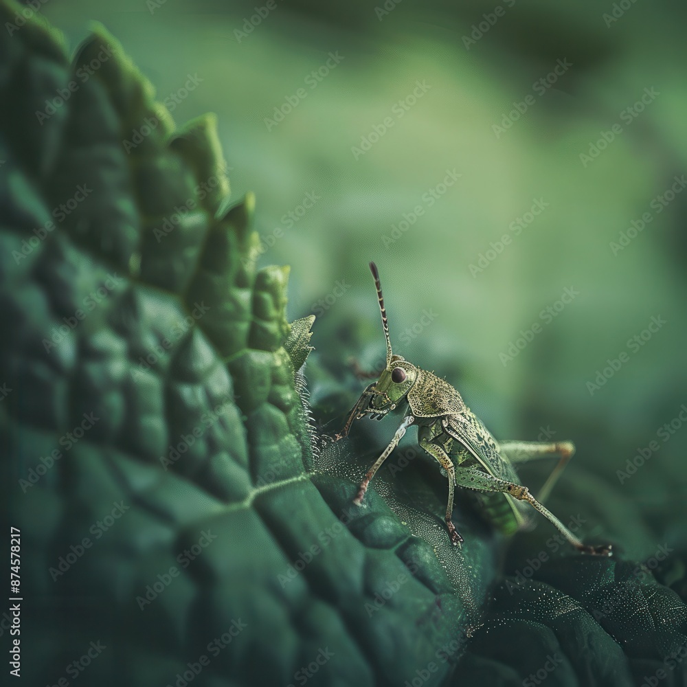 Fototapeta premium A macro photograph illustration of a tiny insect on a leaf, capturing minute details and textures with a soft focus