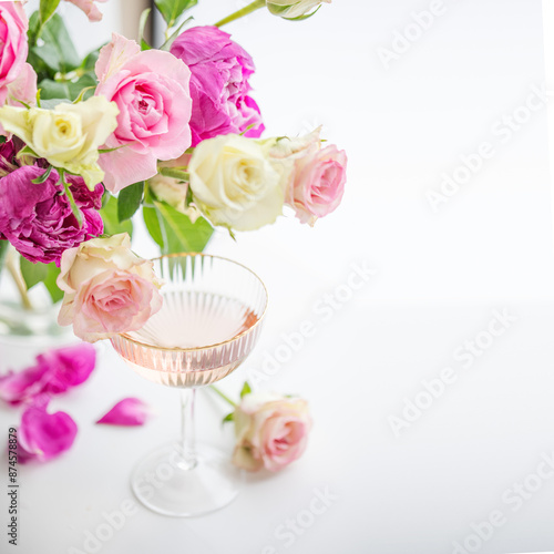 A glass of rose champagne and a bouquet of pink roses