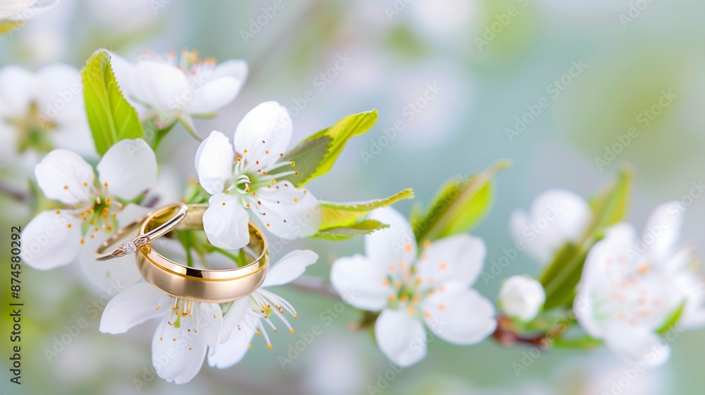 Elegant Gold Wedding Rings Amidst Blooming Flowers. Capturing Nature's Beauty with Symbolic Love in Full Bloom Elegant Gold Wedding Rings Amidst Blooming Flowers. Capturing Nature's Beauty with Symbolic Love in Full Bloom