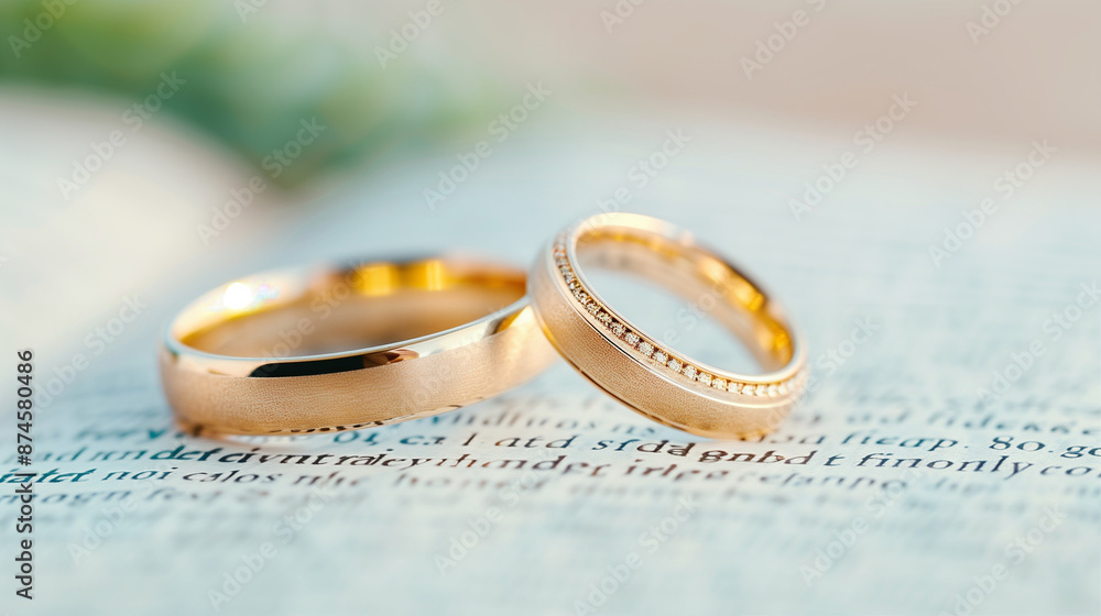 Elegant Gold Wedding Rings on Open Book. Precious Bridal Jewelry for Commitment and Love Elegant Gold Wedding Rings on Open Book. Precious Bridal Jewelry for Commitment and Love