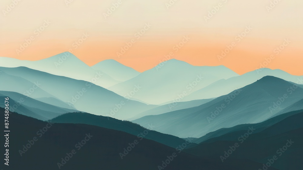 Obraz premium A minimalist depiction of a mountain range with simple shapes, muted colors, and a serene atmosphere.