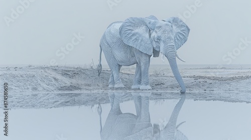 A solitary elephant standing by a waterhole at dusk its drooping posture reflecting the sorrow of dwindling populations and habitat loss photo