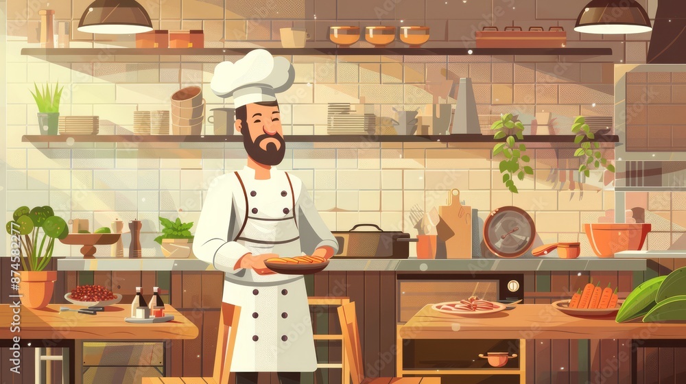 Cartoon chef character holding a silver dish in his hand. Restaurant kitchen interior with furniture and utensils. Fresh food ingredients on a wooden table. Vector design. Cartoon chef character holding a silver dish in his hand. Restaurant kitchen interior with furniture and utensils. Fresh food ingredients on a wooden table. Vector design.