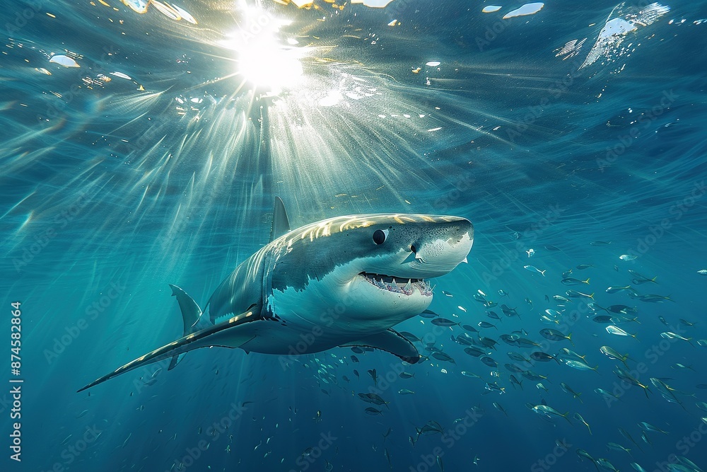 Fototapeta premium A very scary white shark with an open mouth in the ocean. A cinematic attack