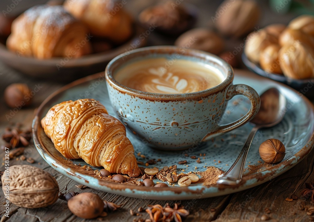 Rustic Breakfast Scene with Latte Art and Croissant on Wooden Table Rustic Breakfast Scene with Latte Art and Croissant on Wooden Table