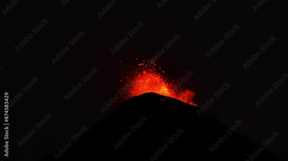4k Volcan de Fuego erupting at night, Guatemala