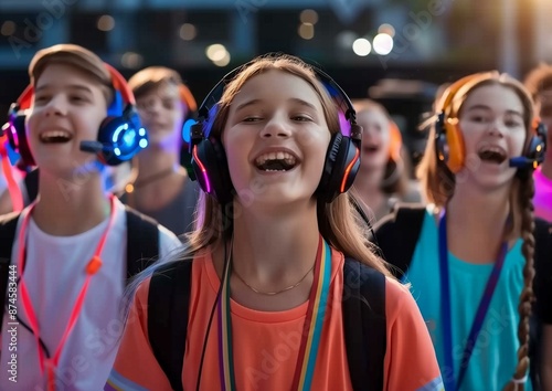 Joyful Children Enjoying a Silent Disco Party with Colorful Headphones Outdoor