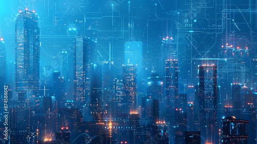 Wallpaper Mural Futuristic cityscape blueprint with a detailed outline of buildings and streets, set against a bright blue background, emphasizing urban planning and architecture Torontodigital.ca