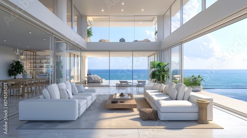Spacious modern living room with large windows overlooking the ocean, featuring minimalist furniture and a bright, airy atmosphere