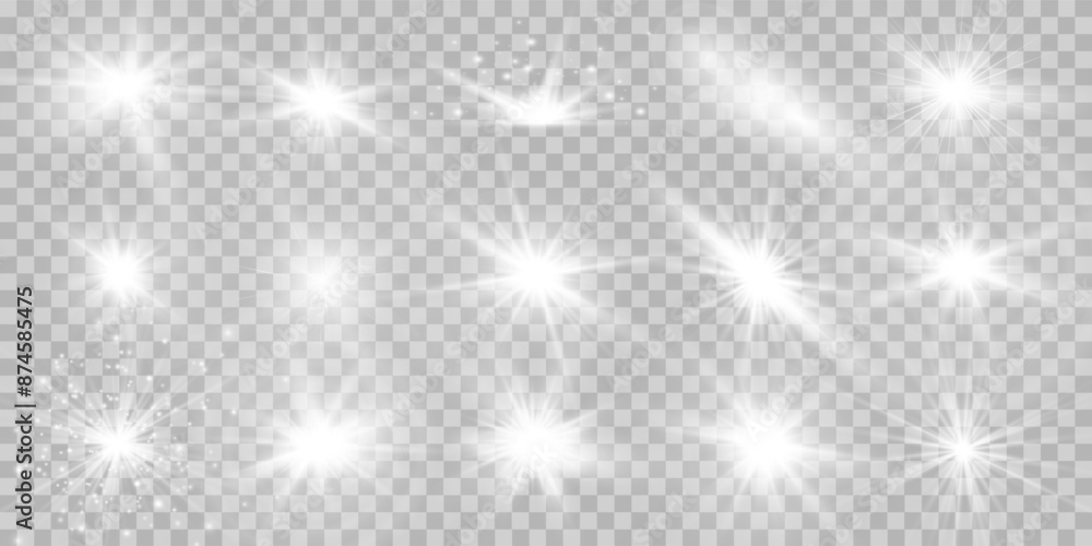 Set of white transparent light effects with glow isolation, glare, explosion, shine, line, sun flare, sparkle and stars. Abstract design of special effects elements. Ray of shine with lightning Set of white transparent light effects with glow isolation, glare, explosion, shine, line, sun flare, sparkle and stars. Abstract design of special effects elements. Ray of shine with lightning