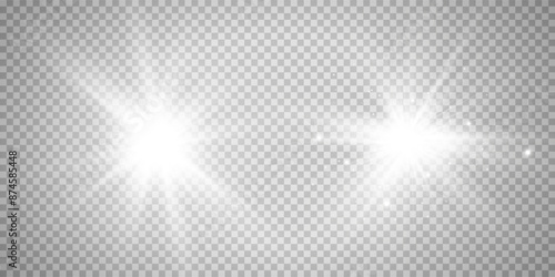 Set of white transparent light effects with glow isolation, glare, explosion, shine, line, sun flare, sparkle and stars. Abstract design of special effects elements. Ray of shine with lightning