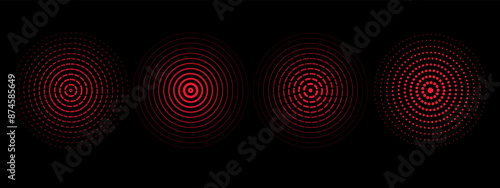 Set of red sound wave rings of discontinuous lines and dots.  Rings with radial lines. Target icon, epicenter.  Concentric vortex circles. Vector illustration on black background