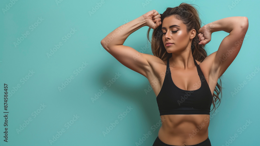 Fototapeta premium Woman Flexing Biceps With Closed Eyes Against Teal Wall