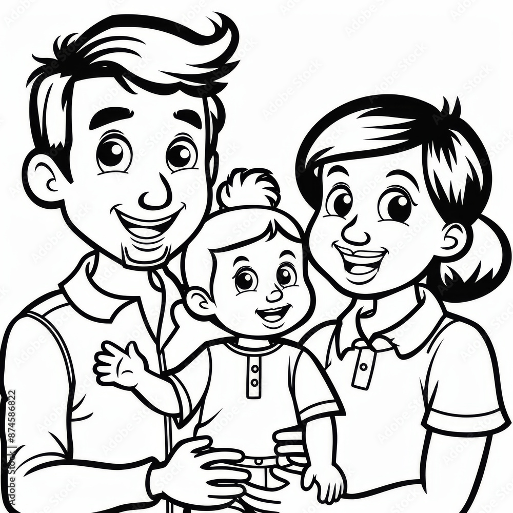 A cheerful illustration of a happy family with parents and a young child, all smiling brightly together. A cheerful illustration of a happy family with parents and a young child, all smiling brightly together.