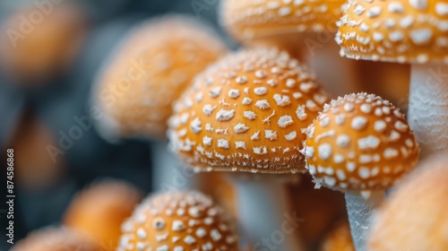 A visually stunning close-up of several orange mushrooms with white-spotted caps, showcasing the unique textures and patterns of fungi in their natural habitat. © familymedia