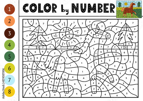 Color by number activity page for kids with a cute horse. Farm animal scene puzzle game for school and preschool. Vector illustration