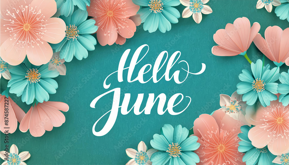 Hello June calligraphic text message written with white typography on textured decorative floral background with bloom flowers in peach, pink and turquoise colors. Hello June calligraphic text message written with white typography on textured decorative floral background with bloom flowers in peach, pink and turquoise colors.