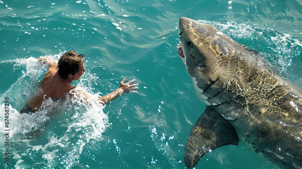 Obraz premium Huge Great White Shark swimming near tourists on the beach