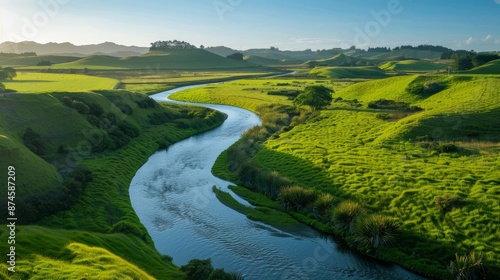 Scenic landscape with a winding river flowing through green hills under a clear blue sky, creating a peaceful and picturesque outdoor scene © imlane