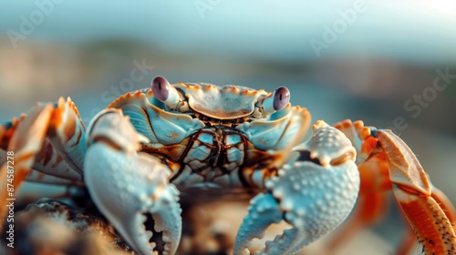 An intricate photo showcasing the detailed textures and colors of a marine crab with blue and orange hues, highlighting its natural beauty and coastal habitat.