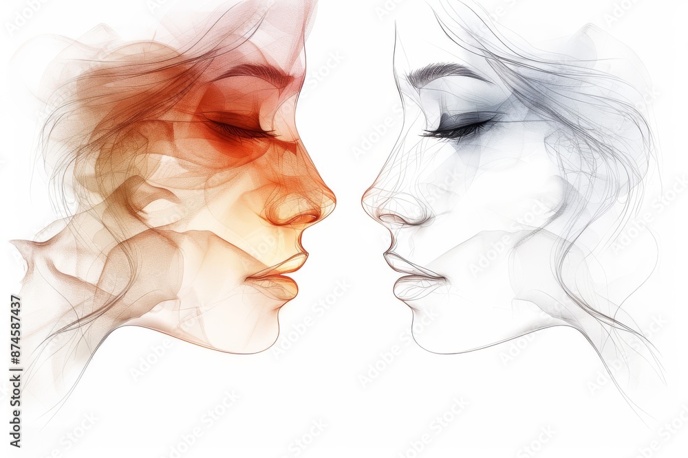 Abstract smoke-like profiles of two faces in soft hues, creating a sense of ethereal beauty, delicate emotions, and artistic expression in a minimalist design Abstract smoke-like profiles of two faces in soft hues, creating a sense of ethereal beauty, delicate emotions, and artistic expression in a minimalist design