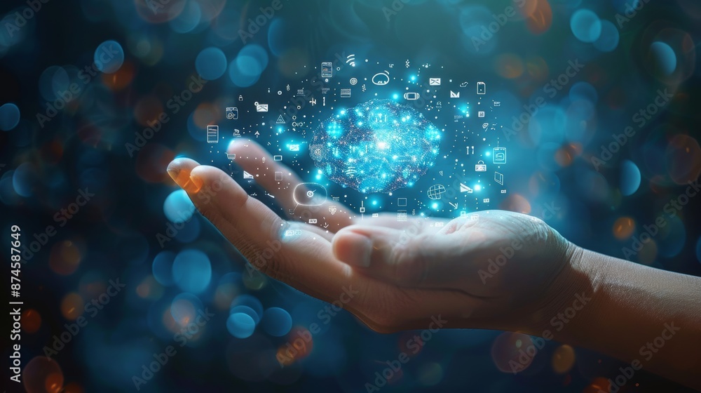 3D illustration of a hand holding various floating digital icons, set against a blue background, representing technology and connectivity 3D illustration of a hand holding various floating digital icons, set against a blue background, representing technology and connectivity