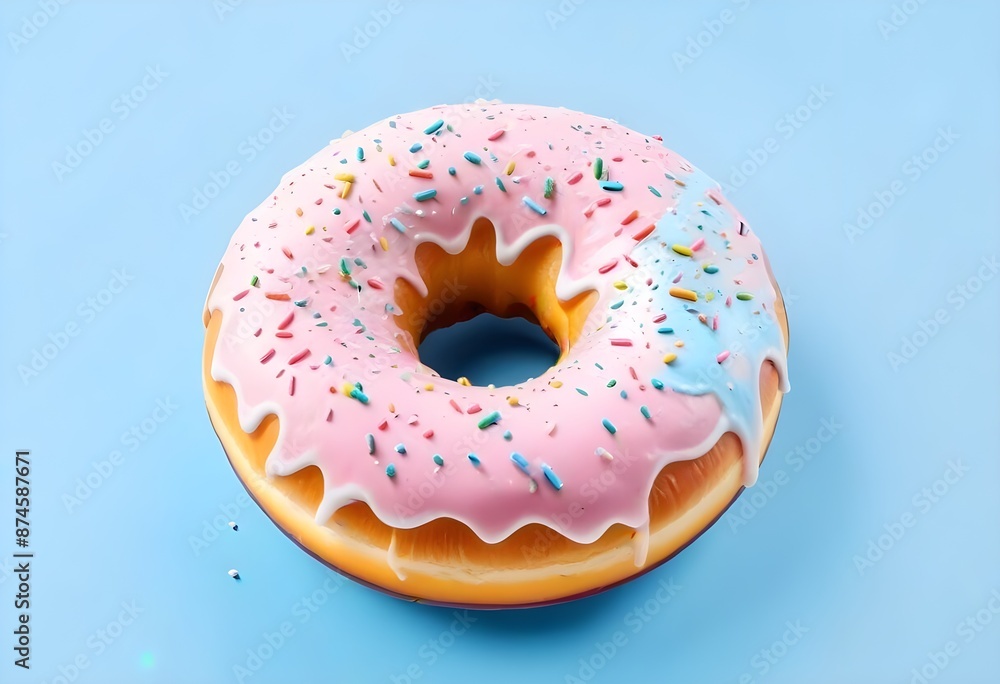 A pink glazed donut with colorful sprinkles on a light blue background A pink glazed donut with colorful sprinkles on a light blue background