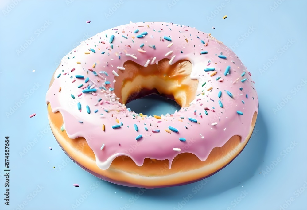 A pink glazed donut with colorful sprinkles on a light blue background A pink glazed donut with colorful sprinkles on a light blue background