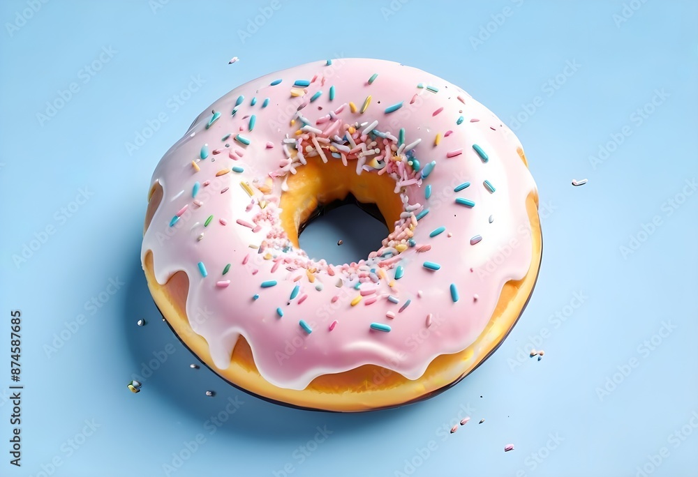 A pink glazed donut with colorful sprinkles on a light blue background A pink glazed donut with colorful sprinkles on a light blue background