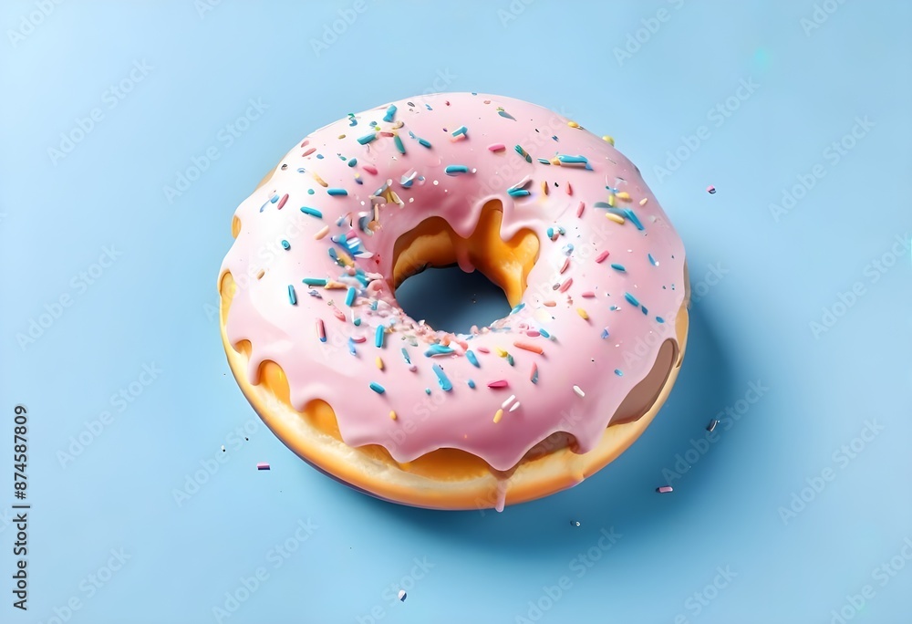 A pink glazed donut with colorful sprinkles on a light blue background A pink glazed donut with colorful sprinkles on a light blue background