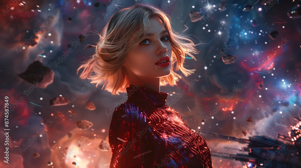 The model smiles brightly and is ready. Spaceship, amazing space atmosphere, beautiful-6 The model smiles brightly and is ready. Spaceship, amazing space atmosphere, beautiful-6