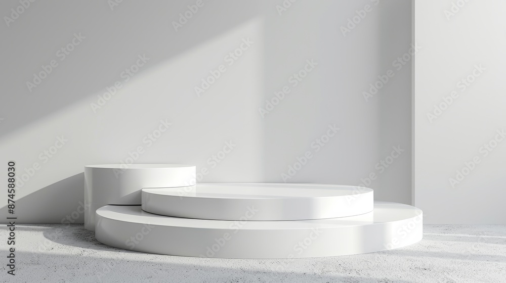 Minimalist podium with a round base and a smooth white surface, set against a light gray background, suitable for product displays Minimalist podium with a round base and a smooth white surface, set against a light gray background, suitable for product displays