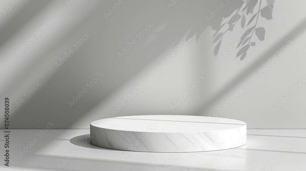 Minimalist podium with a round base and a smooth white surface, set against a light gray background, suitable for product displays Minimalist podium with a round base and a smooth white surface, set against a light gray background, suitable for product displays