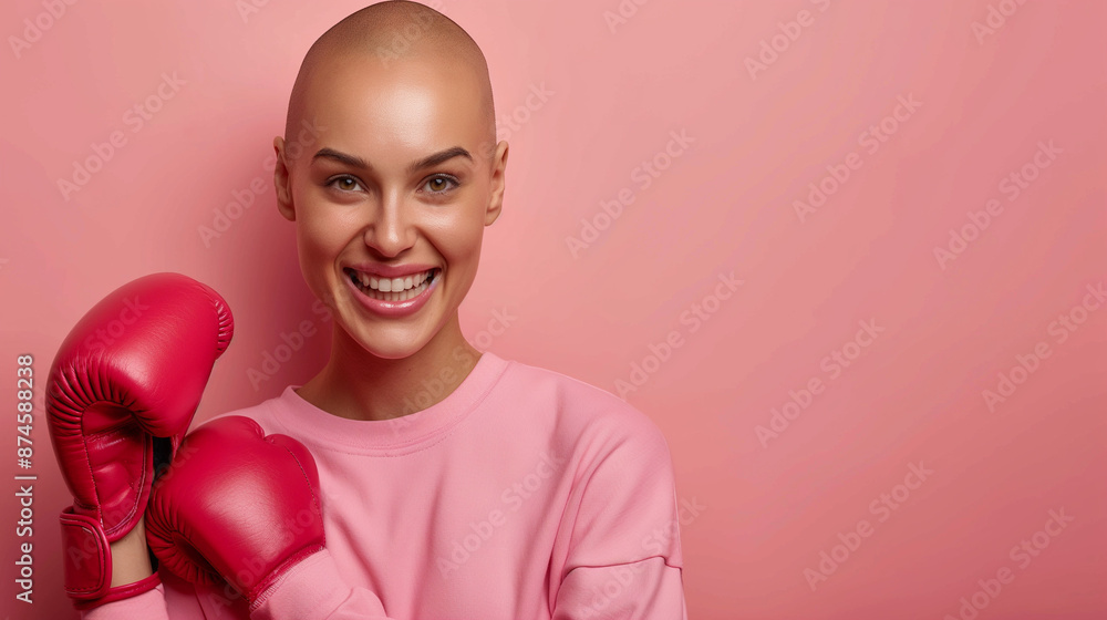 Bald beautiful woman wearing pink shirt and smiling with a boxing glove above on pink background Bald beautiful woman wearing pink shirt and smiling with a boxing glove above on pink background