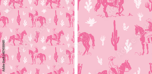 Pastel Pink Cowgirl Western Cowboy Desert Cactus Cute Hand Drawn Vector Illustration Seamless Pattern