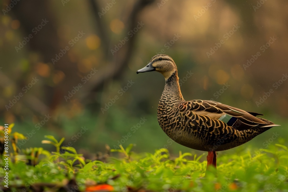 Full body view of Indian Spot-billed Duck in natural habitat, full body shot, full body View Full body view of Indian Spot-billed Duck in natural habitat, full body shot, full body View