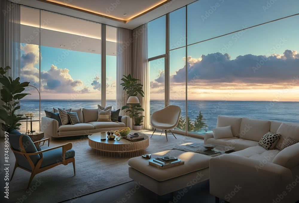 modern beach house with big windows located on ocean beach. travel and relax concept. Ai generated modern beach house with big windows located on ocean beach. travel and relax concept. Ai generated