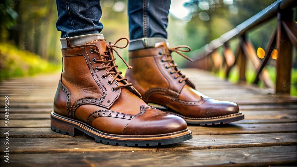 Close-up of stylish brown leather boots with intricate detailing laced up and worn by a person standing on a wooden surface outdoors. Concept of quiet luxury. Close-up of stylish brown leather boots with intricate detailing laced up and worn by a person standing on a wooden surface outdoors. Concept of quiet luxury.