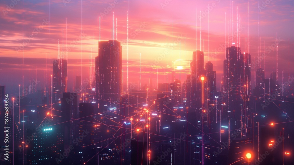 Fototapeta premium Smart city network with glowing nodes over cityscape at sunset.