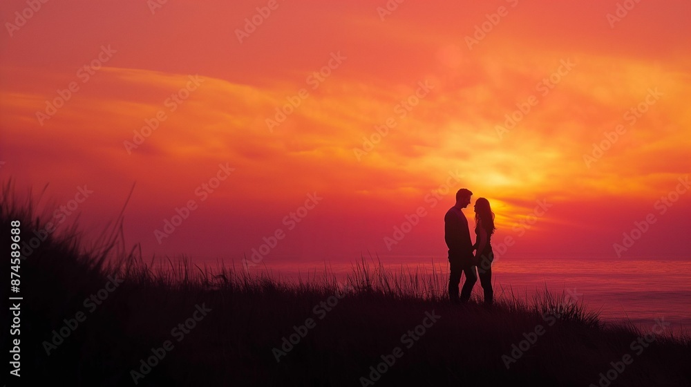 Silhouette of couple embracing at sunset by the sea. Silhouette of couple embracing at sunset by the sea.
