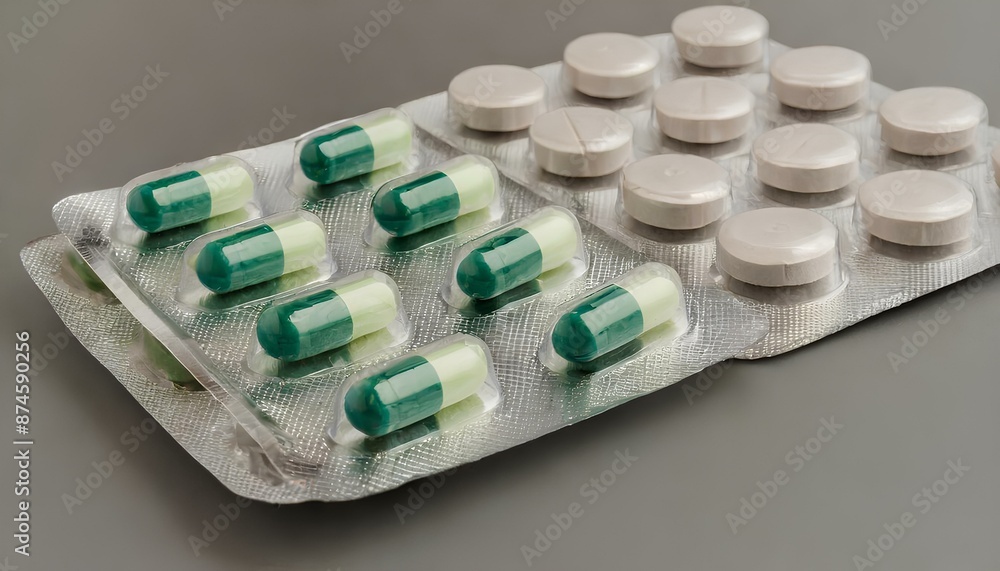 A pack of pills with a green and white pill in the middle A pack of pills with a green and white pill in the middle