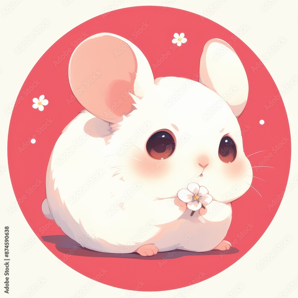 Cute white chinchilla holding a flower, cartoon style Cute white chinchilla holding a flower, cartoon style