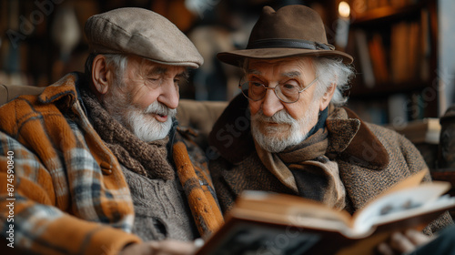 Elderly people are looking at an old photo album.