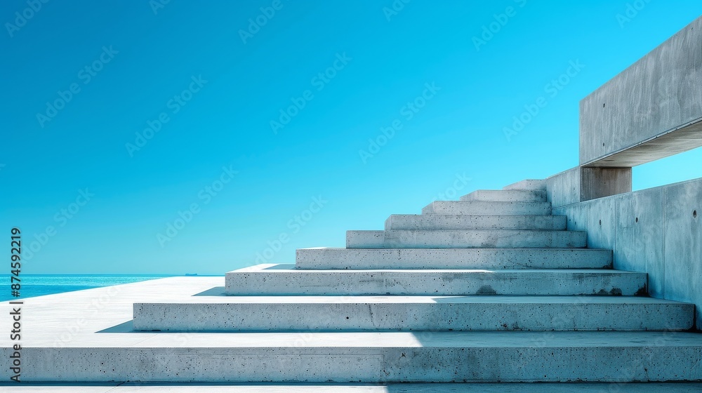 Minimalist concrete steps and platforms under a clear blue sky, creating a modern and serene architectural landscape Minimalist concrete steps and platforms under a clear blue sky, creating a modern and serene architectural landscape