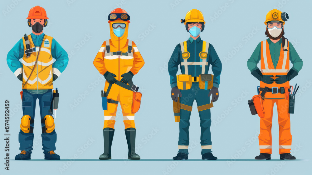 Four industrial workers in various protective outfits, showcasing diversity and safety in the workplace.