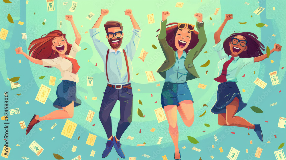Group of animated colleagues jumping and celebrating financial success, surrounded by falling money and confetti. Group of animated colleagues jumping and celebrating financial success, surrounded by falling money and confetti.